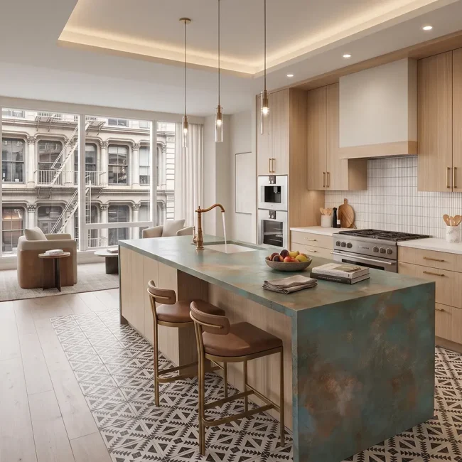 NYC apartment kitchen with a dramatic stone slab waterfall island, light wood cabinetry, integrated appliances and open living space.